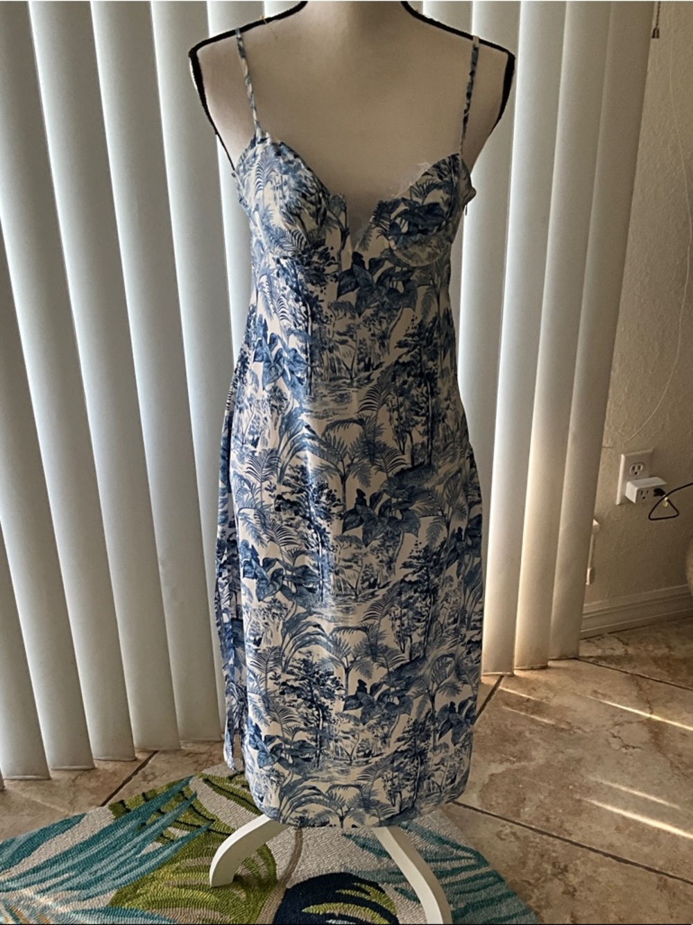 Blue & White Printed Midi Slip Dress